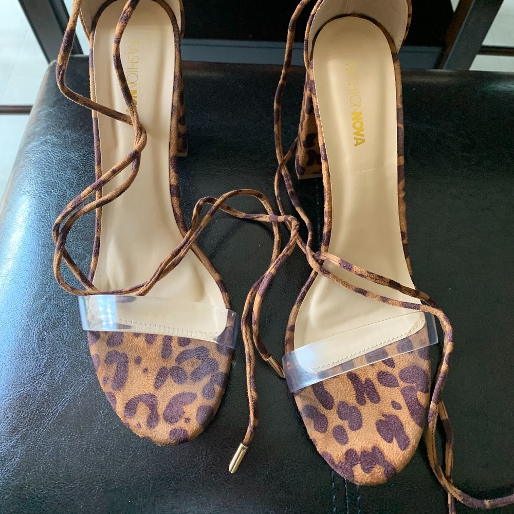 Fashion Nova 4 1/2” Leopard Light Brown and Maroon Sandal Heels